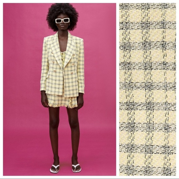 NWT. Zara Yellow/Black Textured Plaid Double Breasted Blazer. Size S. - Picture 1 of 11